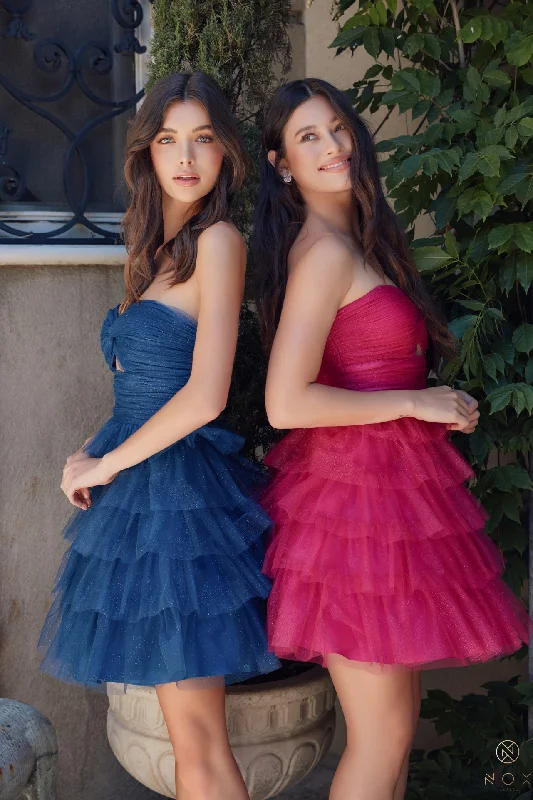 Affordable cocktail dresses for budget-conscious shoppers -Glitter Short Strapless Tiered Dress by Nox Anabel A827