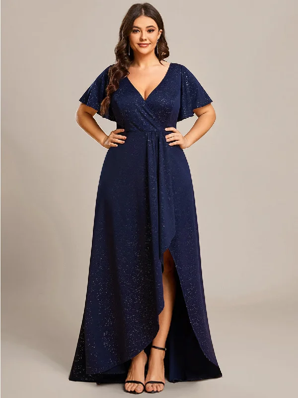formal dresses for tall women with empire waistlines --Plus High Low Split Shiny Wholesale Evening Dresses With Ruffle Sleeves