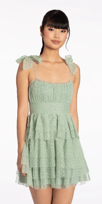 Graduation dresses with an elegant belt for added flair -Tiered Mesh Embossed Fit and Flare Dress with Tie Straps