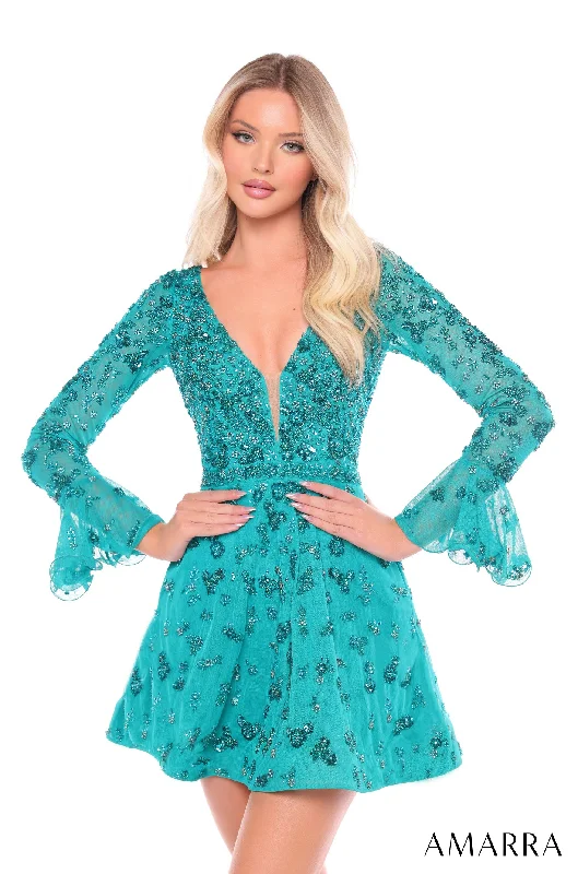 Graduation dresses for ceremonies with a vintage touch -Beaded Short Bell Sleeve A-line Dress by Amarra 88032