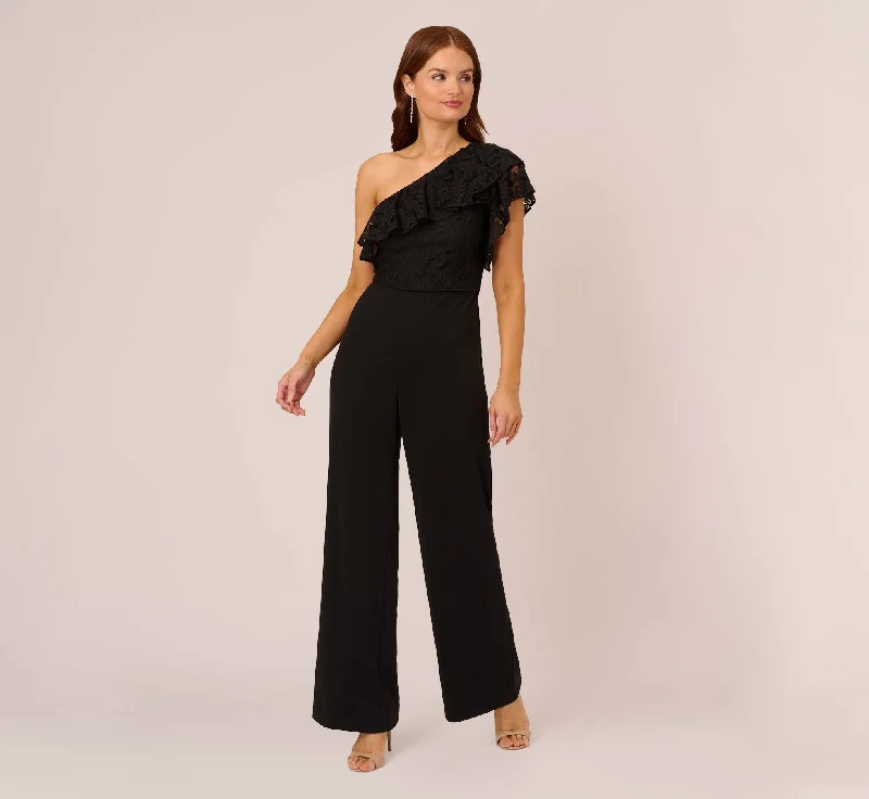 Spring dresses for all body shapes with inclusive sizing -One Shoulder Crepe Jumpsuit With Lace Ruffle Details In Black