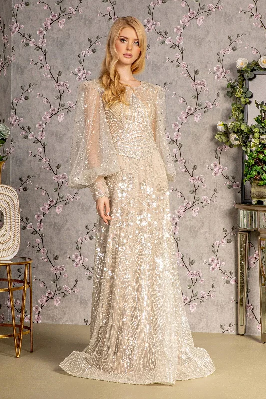 Wedding guest dresses for grand ballroom weddings -Embellished Puff Sleeve A-line Gown by GLS Gloria GL3497
