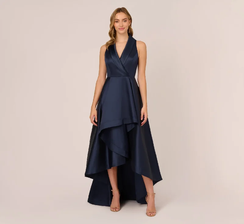 Trendy wedding guest dresses for casual weddings -Mikado High/Low Midi-Length Tuxedo Gown In Midnight