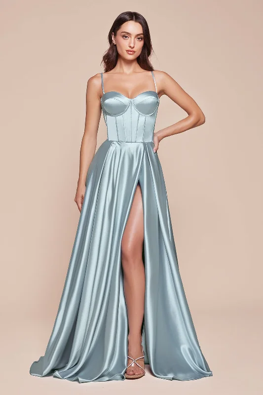 bridesmaid dresses with detachable sleeves for versatile looks --Satin Sleeveless Corset A-line Slit Gown by Ladivine CD337