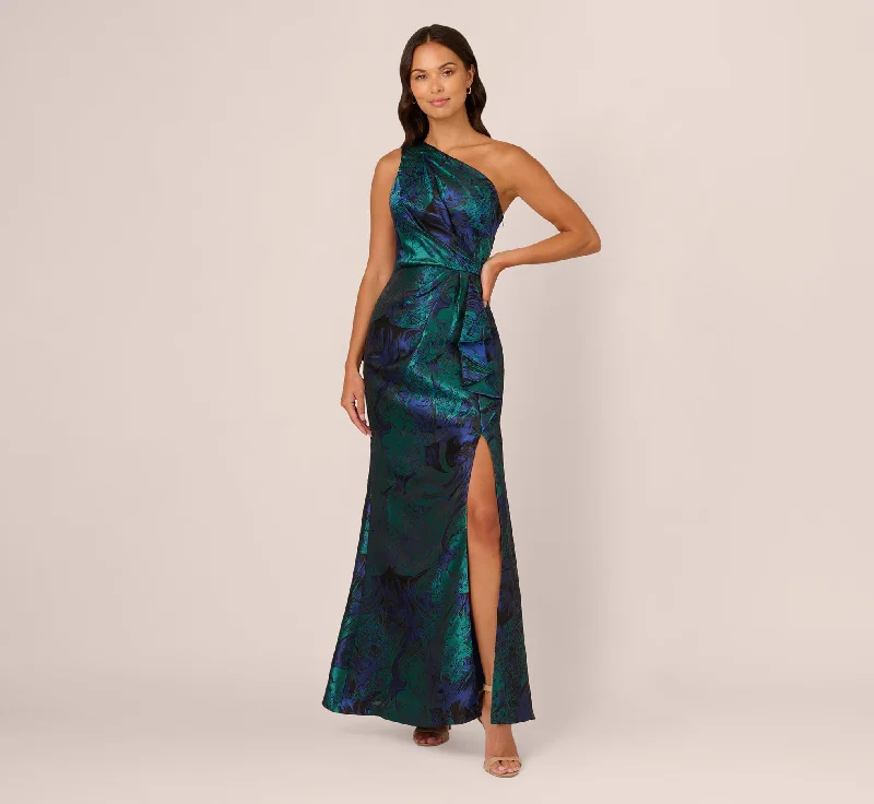 formal dresses with mesh panels for modern style --One Shoulder Jacquard Mermaid Gown With Drape Detail In Cobalt Teal