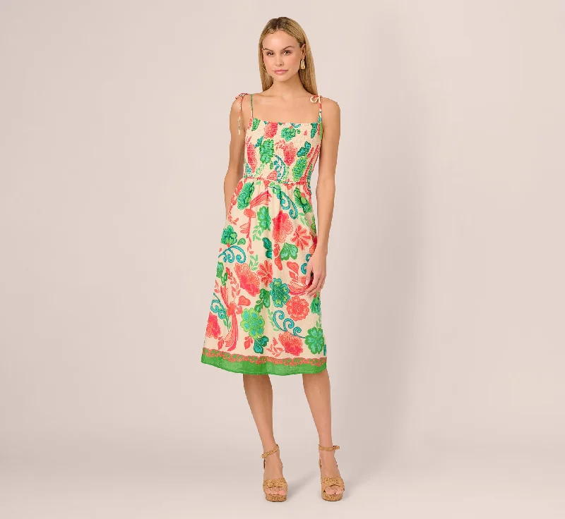 Spring dresses for a garden wedding with light fabrics -Floral Shirred Cotton Midi Sundress In Ivory Multi