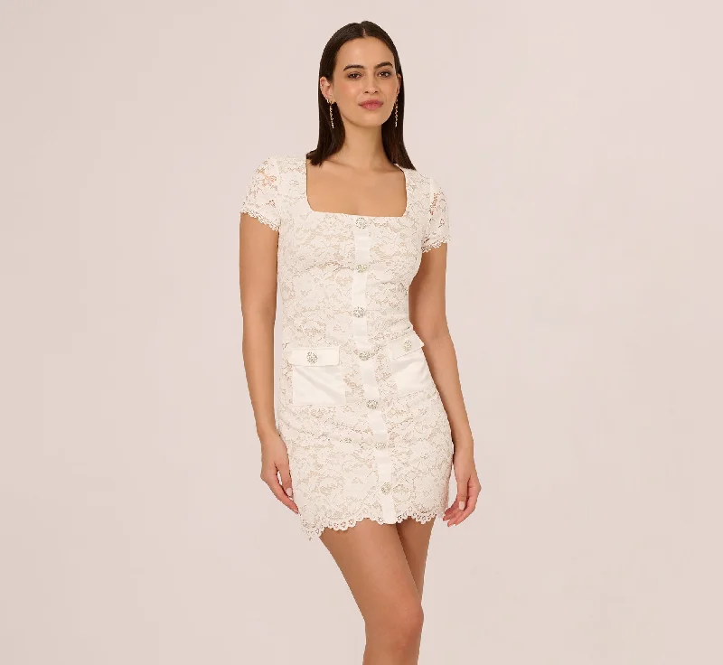 Long sleeve spring dresses for chilly mornings -Cap Sleeve Rhinestone Button Lace Short Dress In Ivory