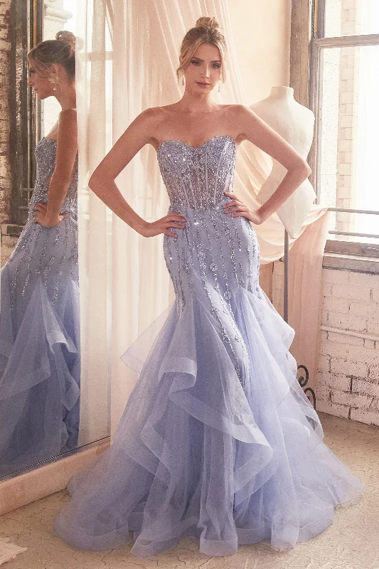 cocktail dresses with pleated skirts for elegant flow --Beaded Strapless Tiered Mermaid Dress by Ladivine CD332