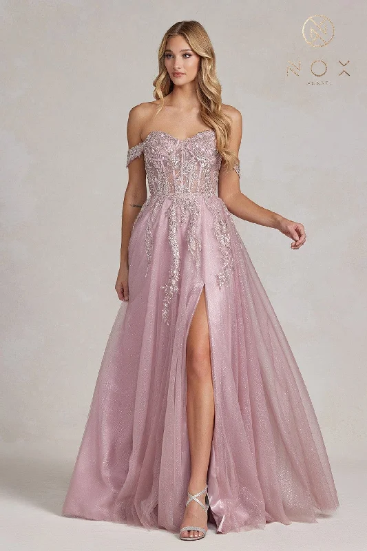 cocktail dresses with mesh inserts for edgy style --Applique Off Shoulder Gown by Nox Anabel E1128