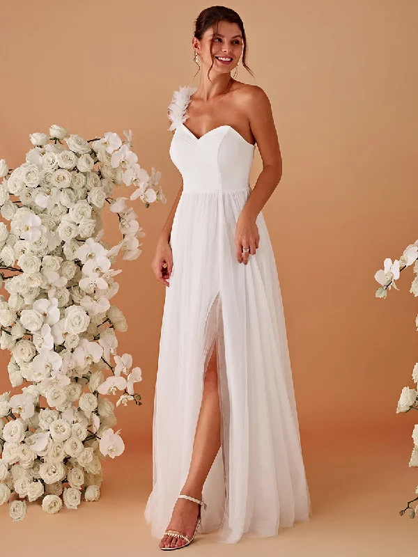formal dresses for business galas with sleek designs --Pleated Backless One Shoulder Split Tulle Wholesale Bridesmaid Dresses