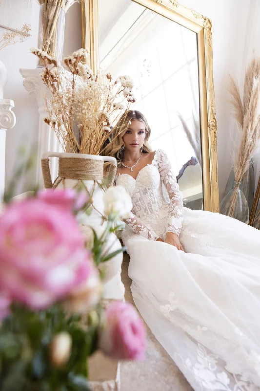 Wedding guest dresses with deep V-necks for added allure -Long Sleeve Corset Bridal Gown by Abby Lane 97199