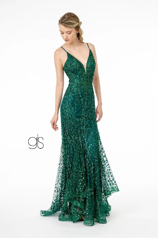 cocktail dresses with embroidered sleeves for elegance --Fitted Long Glitter Dress with Corset Back by Elizabeth K GL2938