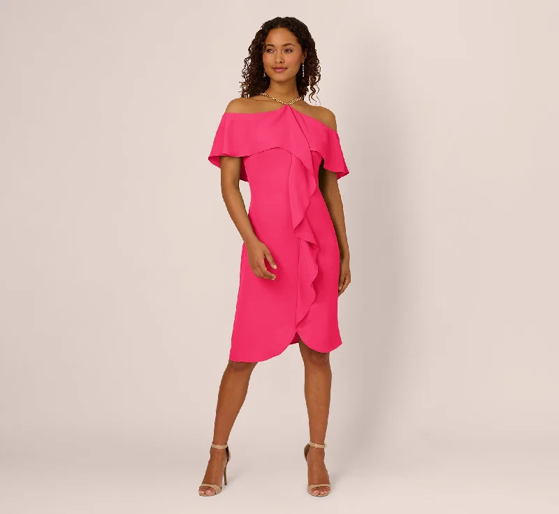Spring dresses for bridesmaids with modern cuts -Ruffle Popover Midi Dress With Chain Halter Neckline In Electric Pink