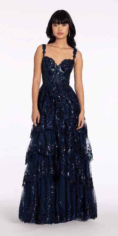 affordable formal dresses under $100 for prom --Sequin Embroidered Corset Mesh Tiered Ballgown with Illusion Back