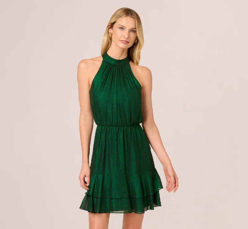 Spring dresses with pleats for a textured look -Metallic Blouson Halter Dress In Emerald Green