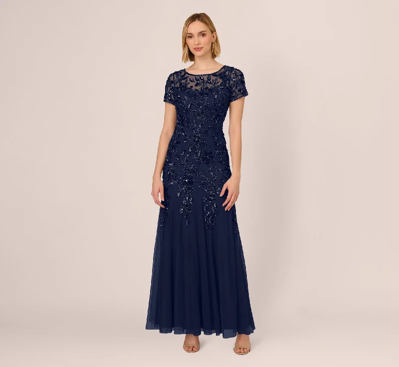 formal dresses for senior women with elegant silhouettes --Hand Beaded Short Sleeve Floral Godet Gown In Light Navy