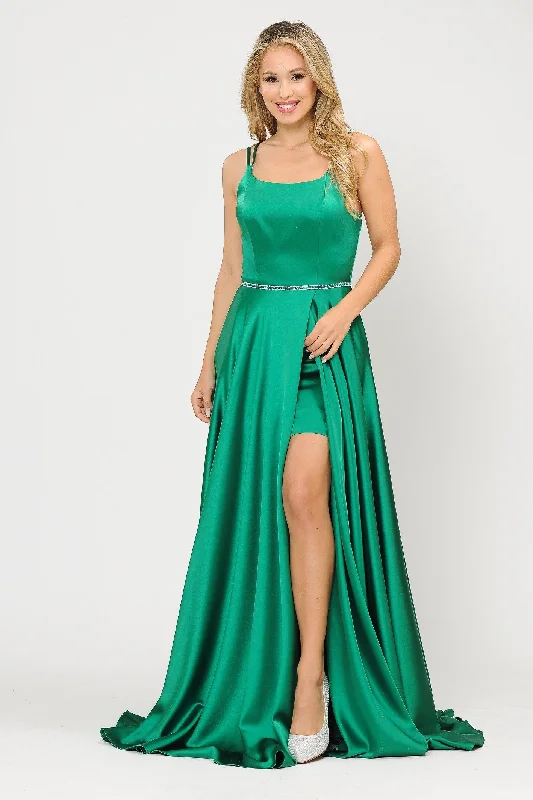 cocktail dresses with tiered skirts for playful movement --Long A-line Satin Dress with Corset Back by Poly USA 8652