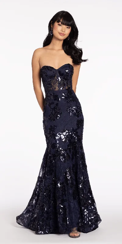 formal dresses for winter with long sleeves and velvet --Floral Sequin Lace Corset Mermaid Dress