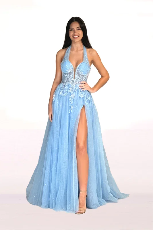 cocktail dresses with layered skirts for dramatic effect --Applique Halter A-line Slit Gown by Abby Paris 90265