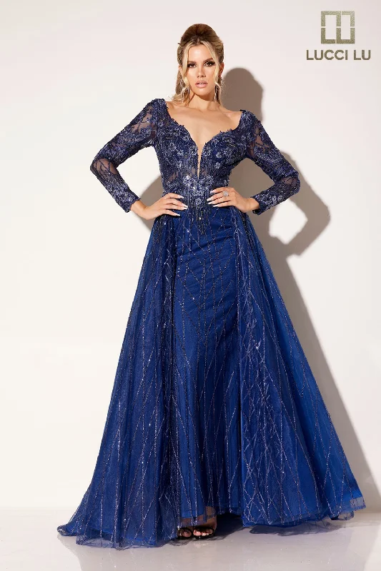 sleeveless cocktail dresses in satin fabric for summer nights --Embroidered Long Sleeve A-line Gown by Lucci Lu C8076