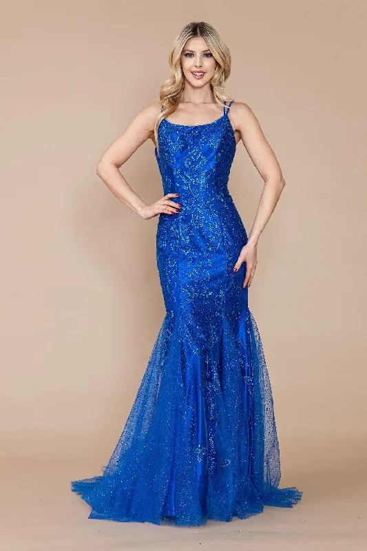 cocktail dresses in jewel tones for fall events --Fitted Glitter Print Sleeveless Gown by Poly USA 9306