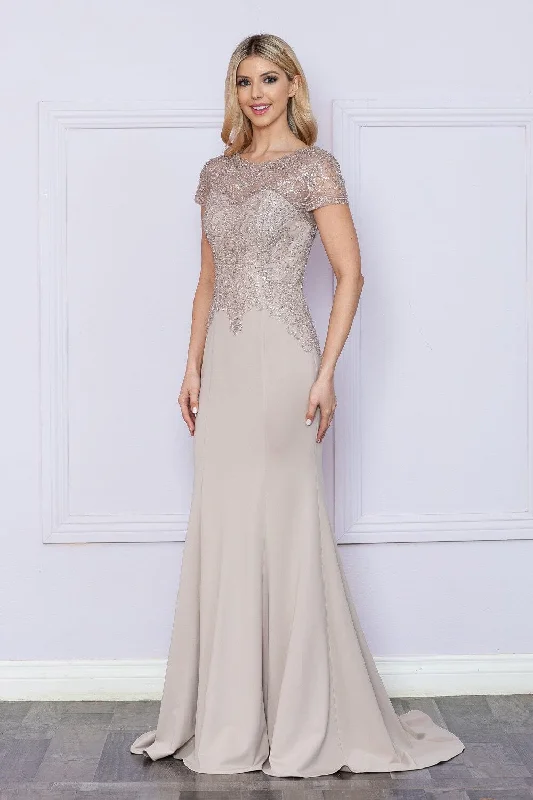 Wedding guest dresses for afternoon weddings with a sophisticated feel -Fitted Beaded Sheer Short Sleeve Gown by Poly USA 9320