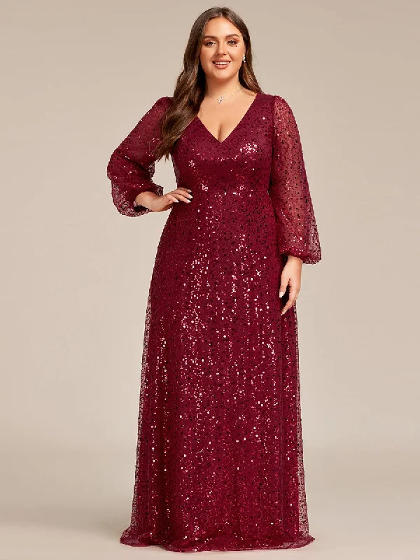 Sparkly dresses for night parties -Plus Elegant waisted chiffon V-neck long sleeve Wholesale guest dress