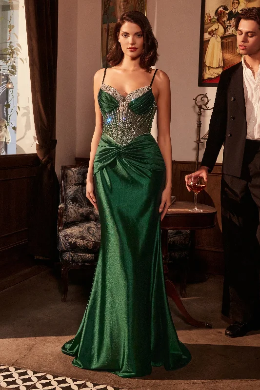 formal dresses for plus size women with A-line skirts --Beaded Satin Fitted V-Neck Gown by Ladivine CD752 - Outlet