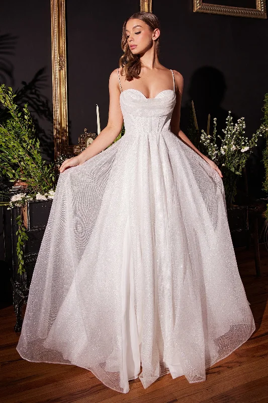 cocktail dresses with ruched bodices for flattering fit --White Glitter Cowl Slit Gown by Ladivine CD253W