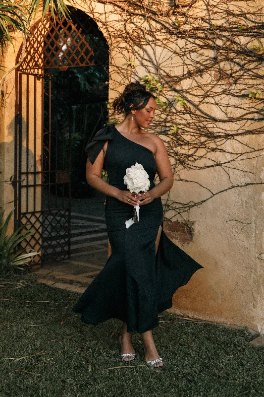 formal dresses with floral prints for garden weddings --Charmed One Shoulder Midi Dress - Black