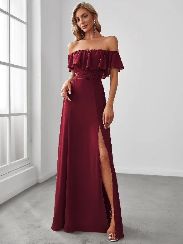 Glamorous sequin dresses for night parties -Off Shoulder Side Split Wholesale Bridesmaid Dresses