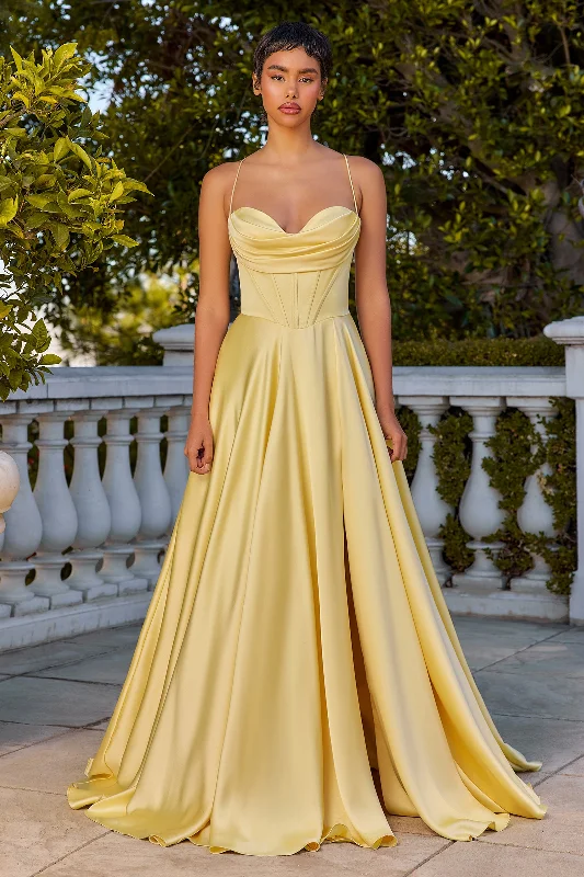 bridesmaid dresses with adjustable straps for comfort --Satin Cowl A-line Slit Gown by Ladivine 7481