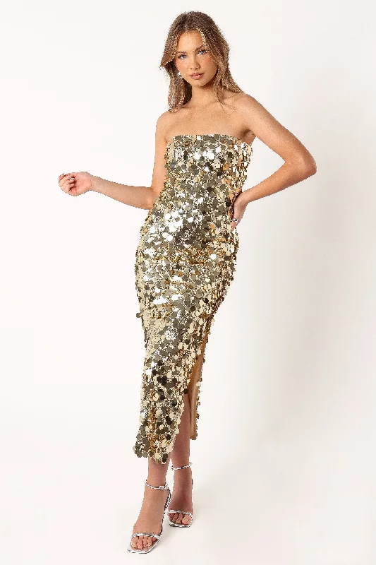 Embellished cocktail dresses for extra style -Gabourne Strapless Midi Dress - Gold Sequin