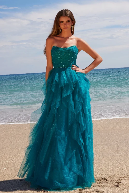 cocktail dresses with floral appliques for feminine charm --Glitter Strapless Ruffled Gown by Nox Anabel A1591