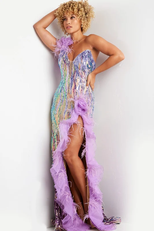 formal dresses with side slits for ease of movement --Sequin Feather One Shoulder Slit Gown by Jovani 38678