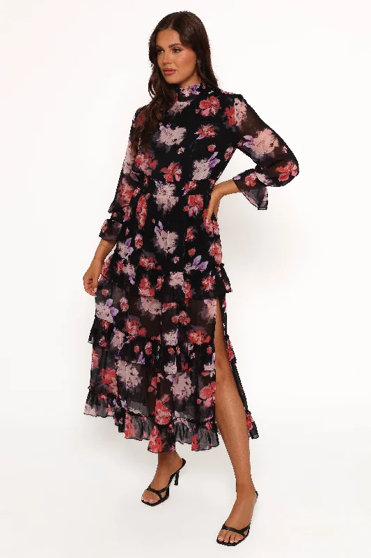 Wedding guest dresses for the stylish and trendy guest -Isadora Long Sleeve Maxi Dress - Black Blurred Floral