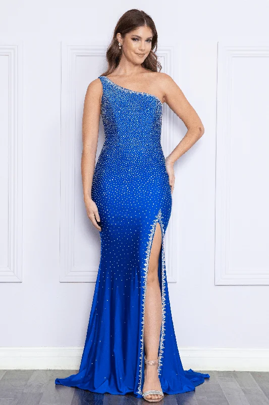 Wedding guest dresses with intricate beading for extra glamour -Fitted One Shoulder Rhinestone Slit Gown by Poly USA 9146
