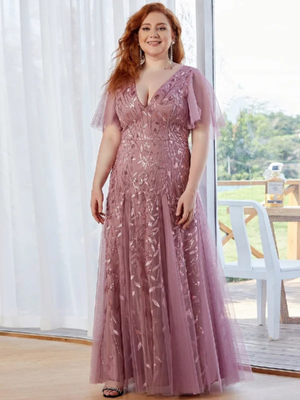 formal dresses with sequined bodices for sparkle --Plus Size Deep V Neck Wholesale Sequin Evening Gown With Short Sleeves
