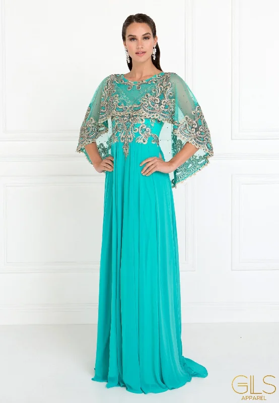 How to choose wedding guest dresses for different seasons -Long Embroidered Cape Dress by Elizabeth K GL1527