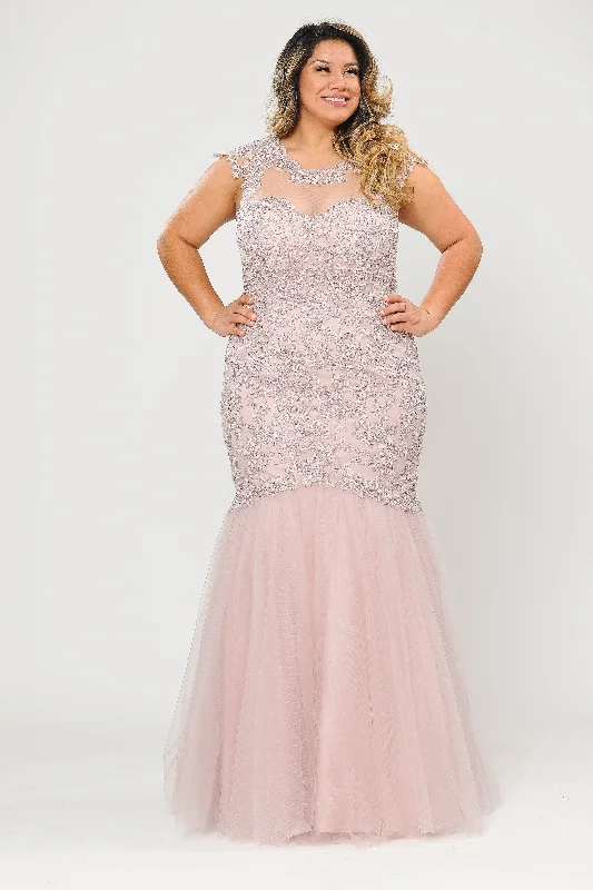 Short dresses for wedding guests who want to show off their legs -Plus Size Embroidered Mermaid Dress by Poly USA W1084