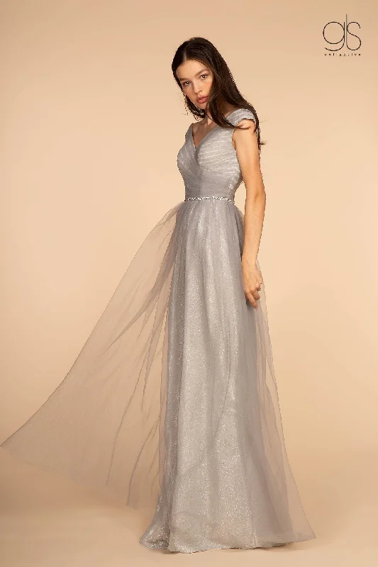 Minimalist wedding guest dresses for modern elegance -Long Ruched V-Neck Dress with Jeweled Waistband by Elizabeth K GL2560