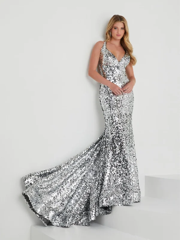 cocktail dresses with metallic thread for shimmer --Sequin Halter V-Neck Mermaid Dress by Tiffany Designs 16021