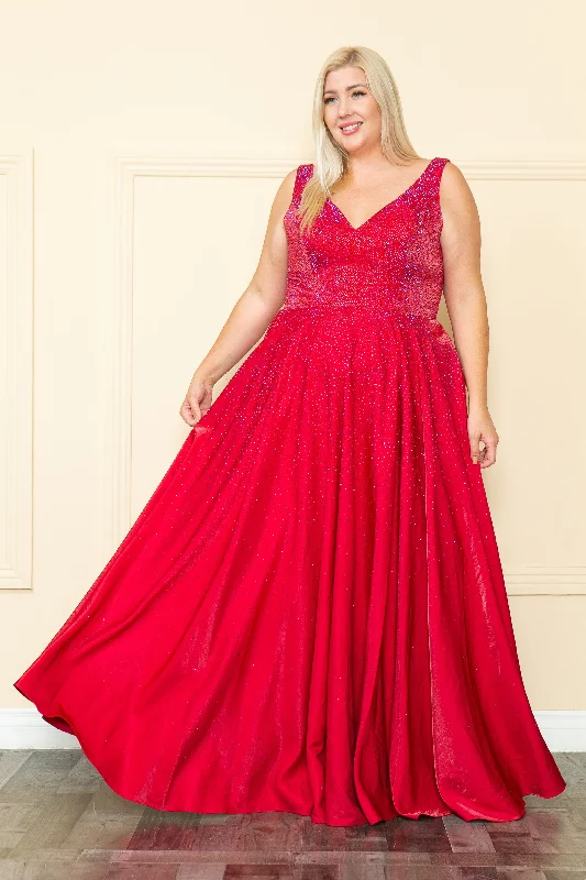 Wedding guest dresses for an elegant but understated look -Plus Size Long V-Neck Rhinestone Dress by Poly USA W1110