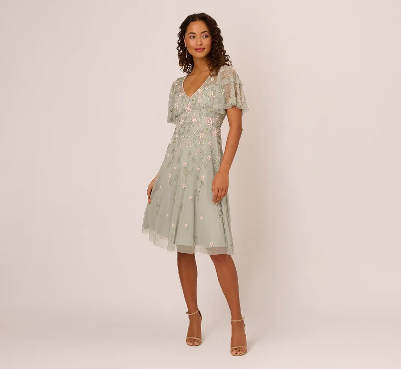 Classy dresses for wedding guests at formal events -Beaded Midi Dress With Sheer Ruffled Sleeves In Frosted Sage