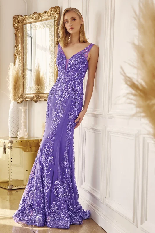 cocktail dresses with beaded straps for sparkle --Fitted Glitter Print V-Neck Gown by Juliet 277