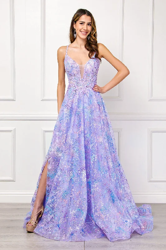 black cocktail dresses with lace details for formal dinners --Sequin Print A-line Gown by Amelia Couture 4050