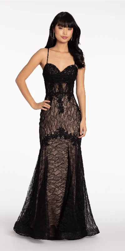formal dresses with built-in shapewear for smooth silhouette --Two Tone Lace Drape Corset Trumpet Dress