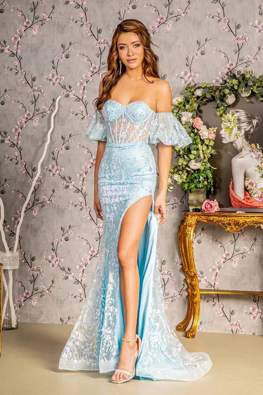 cocktail dresses with pleated skirts for elegant flow --Fitted Strapless Puff Sleeve Slit Gown by GLS Gloria GL3247