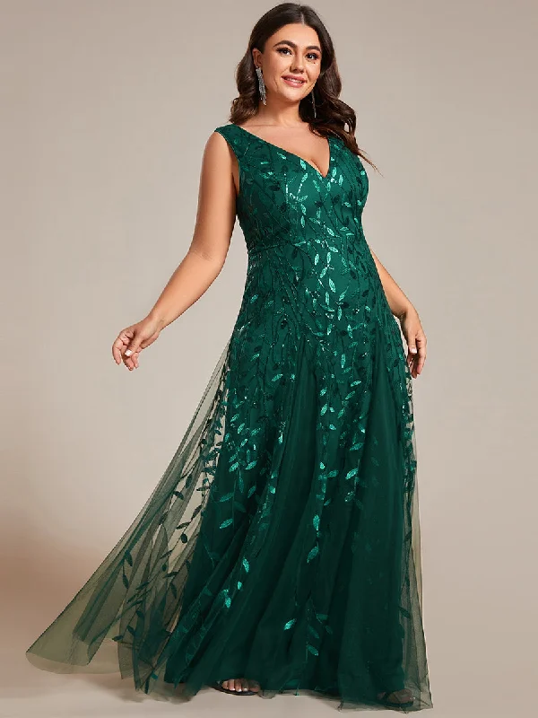 formal dresses for beach weddings with lightweight fabrics --Plus Shiny V-Neck Sequin Sleeveless Evening Dress with Tulle