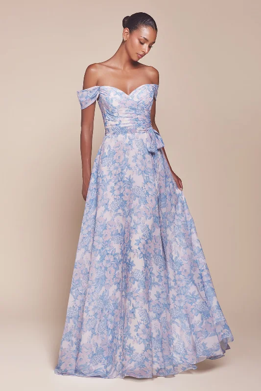 bridesmaid dresses with chiffon pleats for elegant flow --Floral Print Off Shoulder A-line Gown by Ladivine 7441